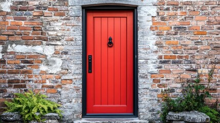 A bold red door with a sleek black handle, perfectly contrasting with the rugged bricks of the building it adorns
