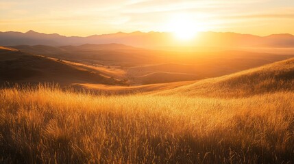 Obraz premium Colorful orange sunset over savanna grassland in low angle view with cloud cover in beautiful landscape