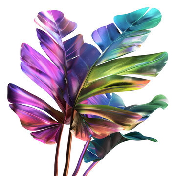 recommend clip art: Vibrant iridescent tropical leaves on black background.