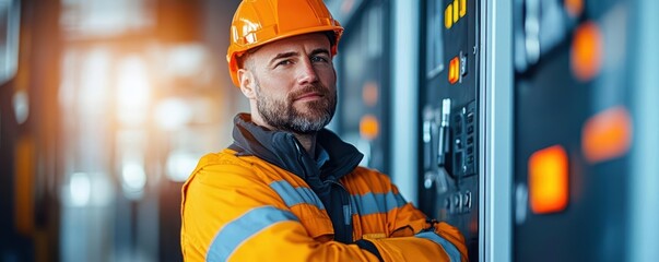 Confident electrician in safety gear, standing by control panel, showcasing professionalism and commitment to safety.