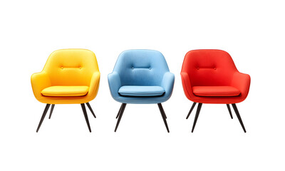 Obraz premium Three modern armchairs in vibrant yellow, blue, and red, arranged side by side, isolated on a white background, showcasing bold and contemporary design.