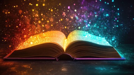 A book with a rainbow of lights emerging from its pages, capturing the essence of imaginative storytelling