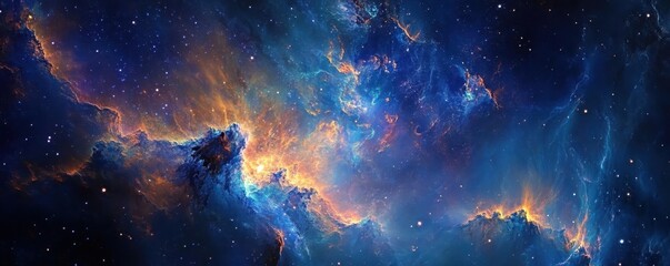 Fototapeta premium A stunning cosmic nebula with vibrant colors of blue, orange, and purple, showcasing the beauty of outer space and celestial formations.
