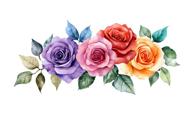 Fototapeta premium Watercolor illustration of a bouquet featuring vibrant roses in purple, pink, red, and yellow, accented by green and blue leaves.