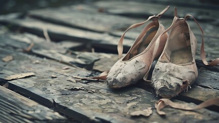 Ballet shoes resting on worn uneven wood