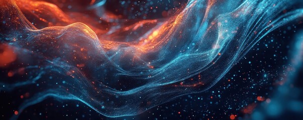 Abstract artistic background with flowing red and blue textures, evoking cosmic and ethereal vibes in a dark, starry night setting.