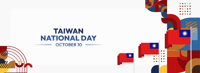Taiwan National Day banner in modern geometric style. Wide banner greeting card with country flag. Double Tenth Day October 10th as Taiwan national holiday. Happy National Day of the Republic of China