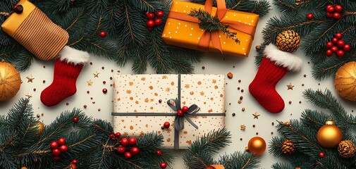 Christmas presents wrapped with festive ribbons, adorned with pine branches, ornaments, and holly berries.