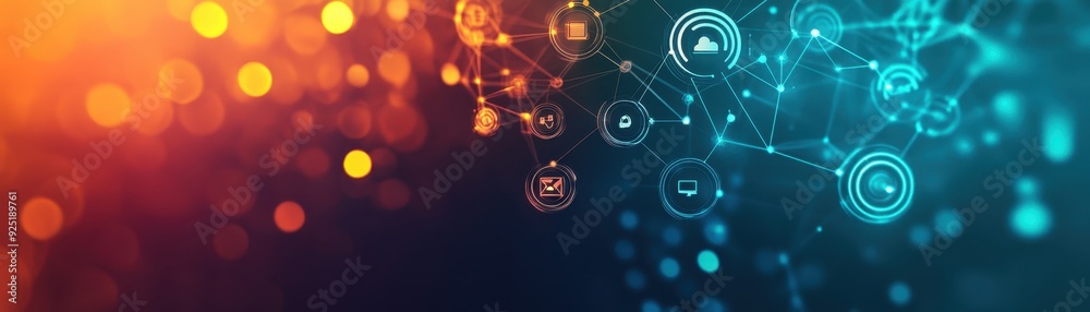 Wall mural abstract digital technology background with network connections and data nodes in vibrant orange and