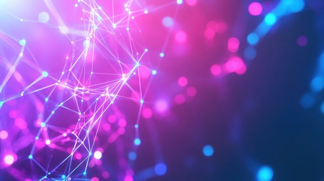 Abstract digital network connections with glowing nodes and lines in blue and pink colors. Futuristic technology background.