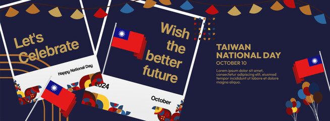 Taiwan National Day banner in modern geometric style. Wide banner greeting card with country flag. Double Tenth Day October 10th as Taiwan national holiday. Happy National Day of the Republic of China