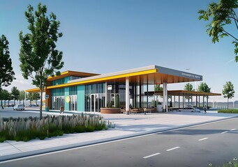 Modern Building Design with Yellow Roof and Glass Walls