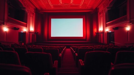 Fototapeta premium Empty movie theater with blank screen in dark auditorium