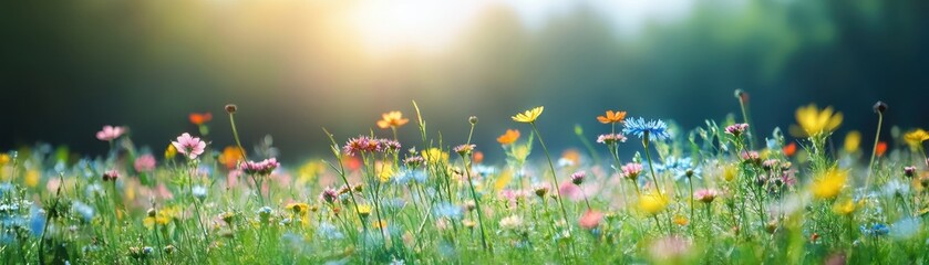 Fototapeta premium Beautiful wildflower meadow with various colorful blooms bathed in golden sunlight, creating a serene and vibrant natural scene.