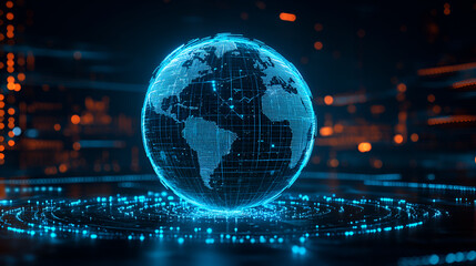 Fototapeta premium Blue hologram globe with world map with glowing data streams, ai global communication networks, virtual reality simulations, geospatial data visualization, and interactive educational experience, Ai