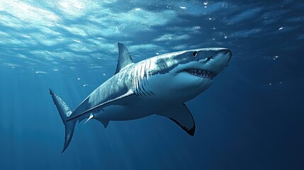 Obraz premium A Great White Shark swims through the blue water with its mouth open revealing sharp teeth.