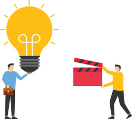 Man and a woman stand and hold a light bulb and a movie clapperboard. Idea. Element for presentations, sites. Vector illustration

