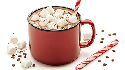 Warm red mug filled with hot chocolate and marshmallows beside a festive candy cane on a clean white background for holiday joy