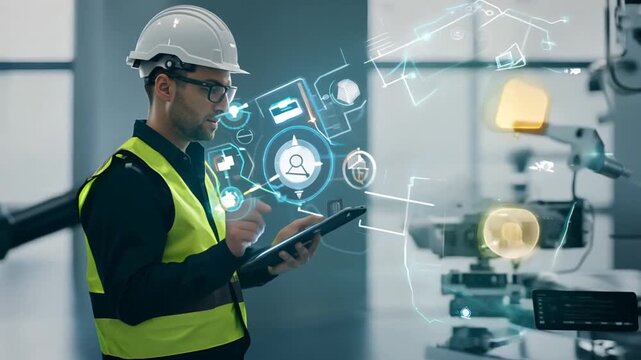 Engineer Analyzing Maintenance Data on Tablet in Modern Facility Generative AI
