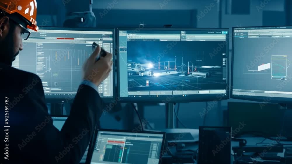 Poster engineer manager monitors robot arm automation in smart factory generative ai