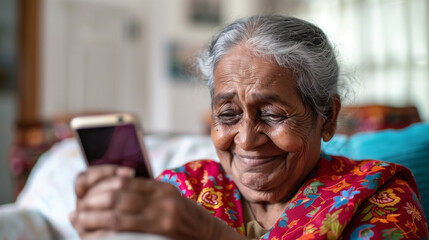 Obraz premium Aging society. An elderly Indian woman looks confused, looking at the mobile phone in her hand, sitting in the living room.