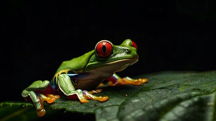 Fototapeta premium A green and red eyed frog sits on a green leaf, with black background.