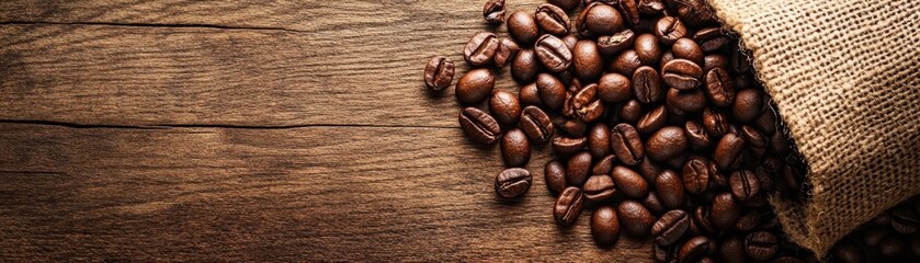 Fototapeta premium Coffee beans spilling out of a burlap sack onto a wooden table, showcasing rustic charm and the rich aroma of fresh coffee.