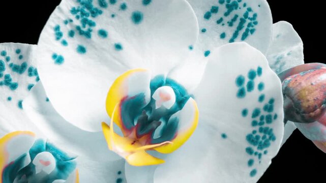 Close-up of a white orchid with blue spots blooming on camera in time lapse mode
