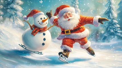 Santa Claus is iceskating with snowman on the frozen lake, winter holiday season, christmas greeting card, illustration