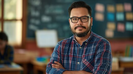 Fototapeta premium A confident male teacher standing in a classroom with arms crossed, displaying a sense of authority and confidence.