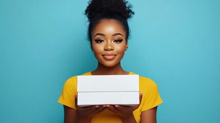 Obraz premium Young Black woman with an afro bun holding a blank white box in front of her, smiling, against a blue background.