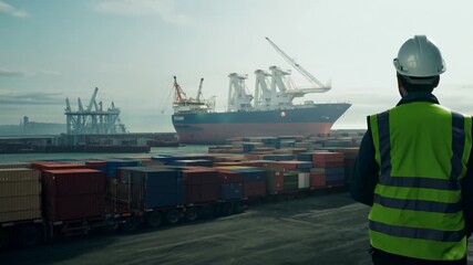 Operator Overseeing Cargo Operations at Busy Seaport in Daylight Generative AI