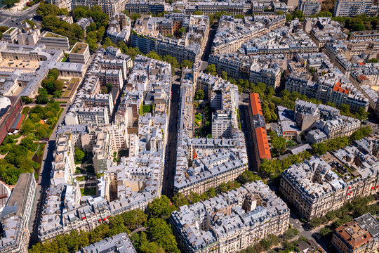 View from the top deck of Eiffel Tower in Paris (France) of the blocks of houses in the &ldquo;Gros-Caillou&rdquo; neighborhood, 6th arrondissement. Typical buildings and streets in the Haussmann style, 19th cent