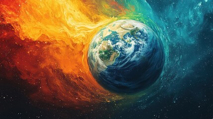 A vibrant digital illustration of Earth enveloped by contrasting fiery and cool cosmic swirls, symbolizing the balance of opposing forces in nature.