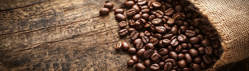 Fototapeta premium Freshly roasted coffee beans spilling from a burlap sack onto rustic wooden surface, highlighting texture and richness of the beans.