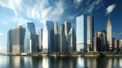 Fototapeta premium Low angle of business and commercial buildings from boats on river with beautiful cloudy blue sky background