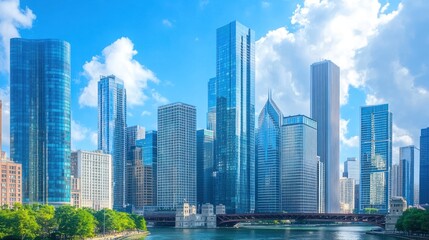 Panorama and wide angle perspective of future modern city commercial skyscrapers.