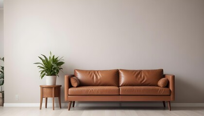 A modern living room with a brown leather sofa, a potted plant, and a wooden side table.