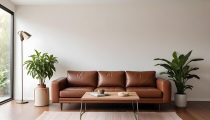 A modern living room with a brown leather sofa, a potted plant, and a wooden side table.