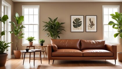 A modern living room with a brown leather sofa, a potted plant, and a wooden side table.