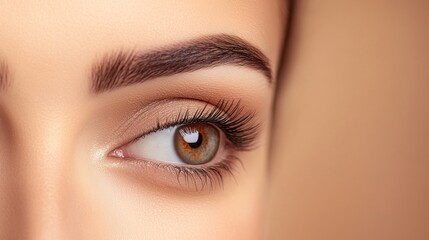 Fototapeta premium Close-up of a woman's eye with long eyelashes and natural makeup.