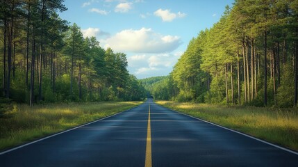 Obraz premium Road with pine forest on one side and open field on the other, contrast and balance