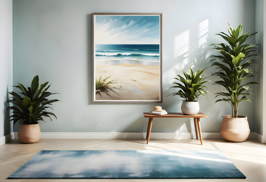 a room with plants and a framed painting of a beach
