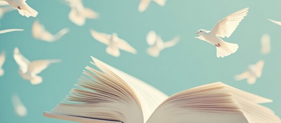 Open book with pages transforming into flying white doves against a soft blue sky, symbolizing freedom, imagination, and creativity.