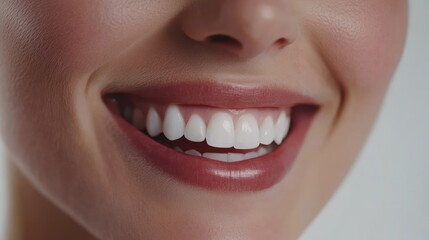 Closeup of a woman's smile with white teeth and pink lips.