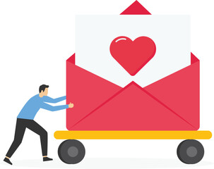 Man in love pushes big love envelope. Metaphor of love letter, romantic message. Cartoon vector illustration.

