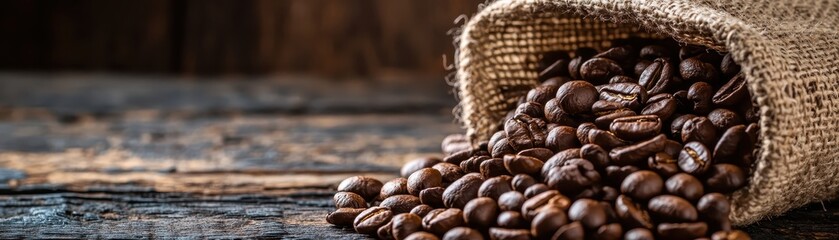 Fototapeta premium Rustic burlap sack filled with coffee beans, spilling onto a wooden table, evoking a warm, cozy atmosphere in a rustic setting.
