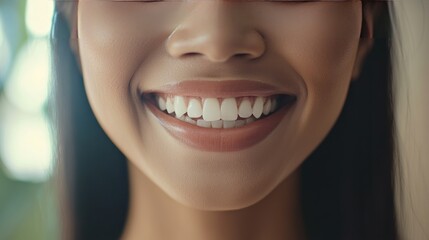 Obraz premium Close up of a woman smiling, showing her white teeth and full lips.