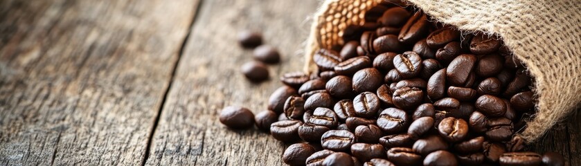 Fototapeta premium Rustic burlap sack of aromatic coffee beans spilling onto aged wooden surface, perfect for coffee shop promotion or rustic kitchen decor.