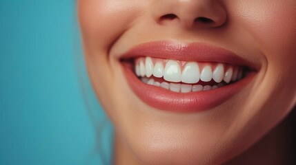 Close-up of a woman's mouth smiling, showing perfect white teeth and pink lips.